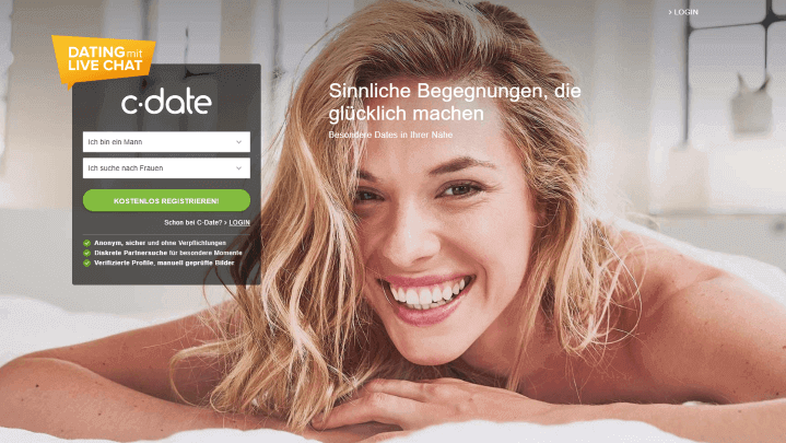 C-Date Schweiz zeigt eine attraktive Blondine auf ihrem Bett