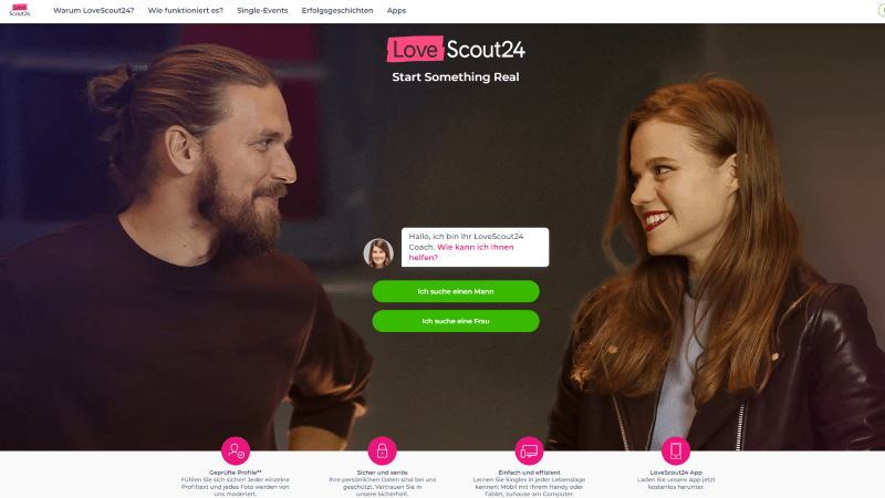 Lovescout24 Schweiz Homepage zeigt glückliche Singles bei einem Date