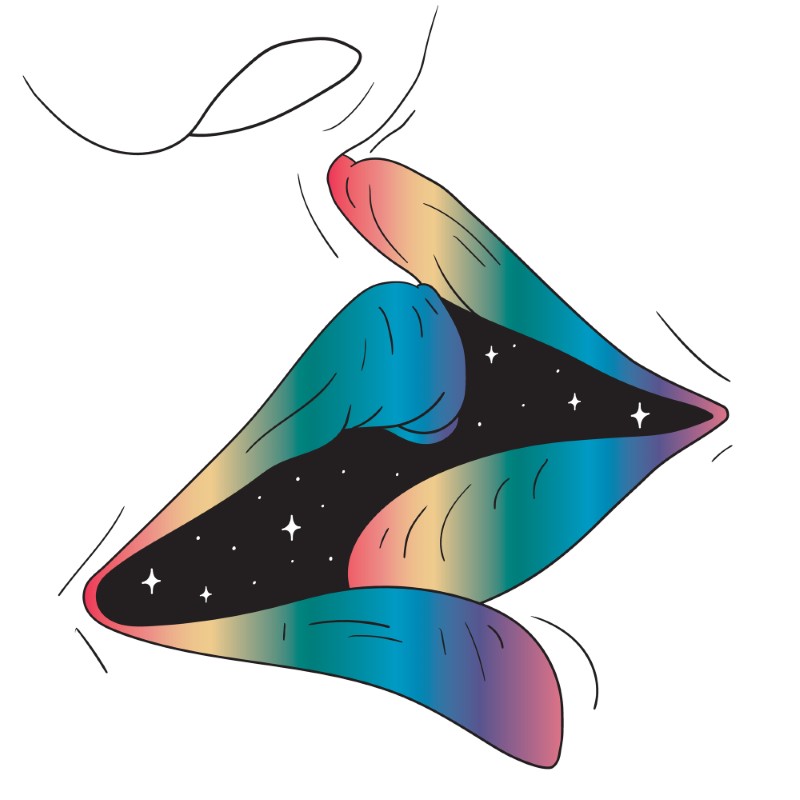 Illustration von zwei Mündern mit Regenbogenlippen, die sich küssen, mit einem Nachthimmel dazwischen