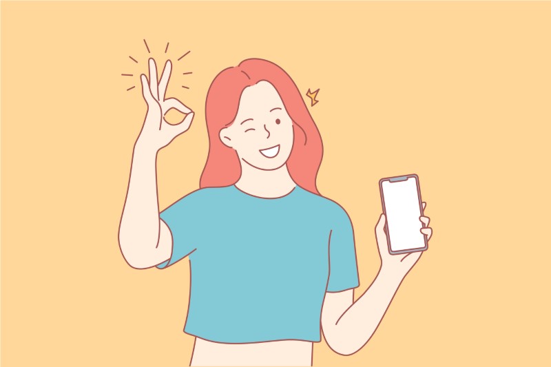 Illustration einer Frau, die ihr Telefon zeigt und eine Geste mit ihrer Hand macht