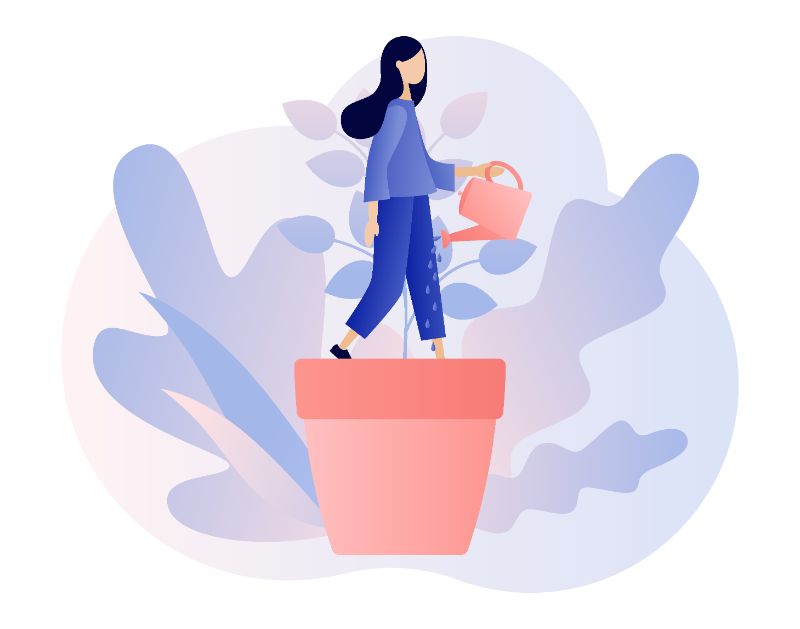 Vektorgrafik einer Frau, die ihr Selbstvertrauen verbessert, dargestellt durch das Gießen einer Pflanze
