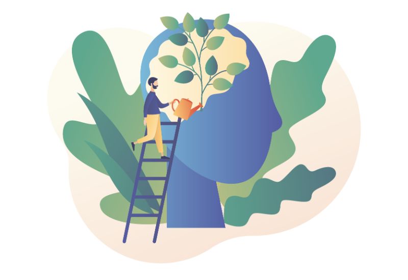 Vektorgrafik eines Mannes, der sein Selbstvertrauen verbessert, dargestellt durch das Gießen einer Pflanze im Kopf einer Person