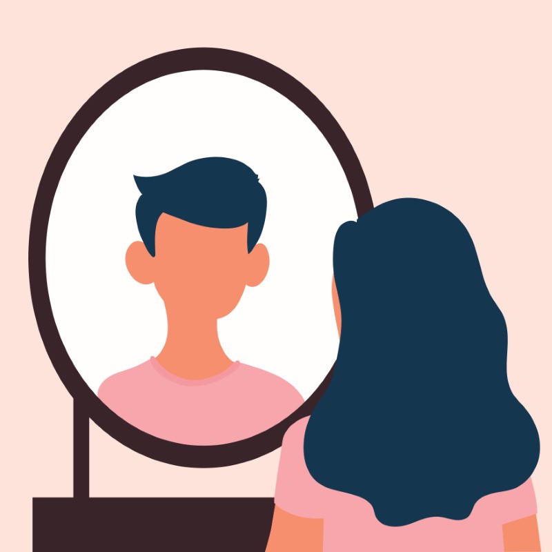 Vektor-grafik einer Transgender-Person, die in einen Spiegel schaut