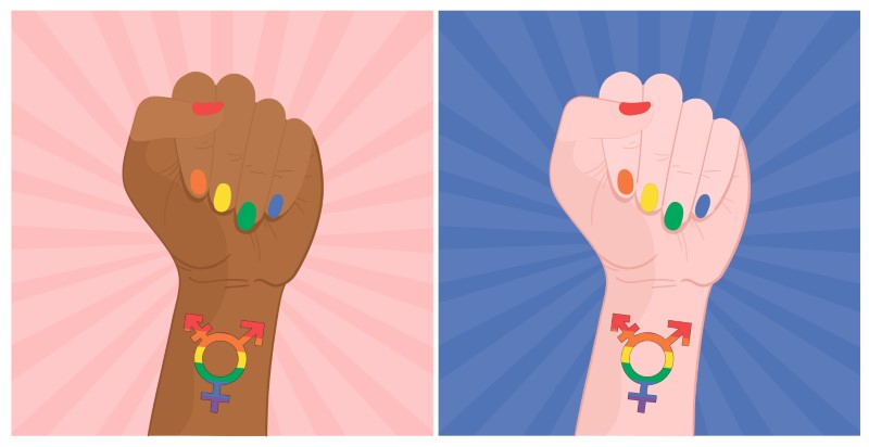 illustrierte Hand einer weißen und schwarzen Person mit Regenbogennägeln und dem Transgender-Zeichen an den Handgelenken