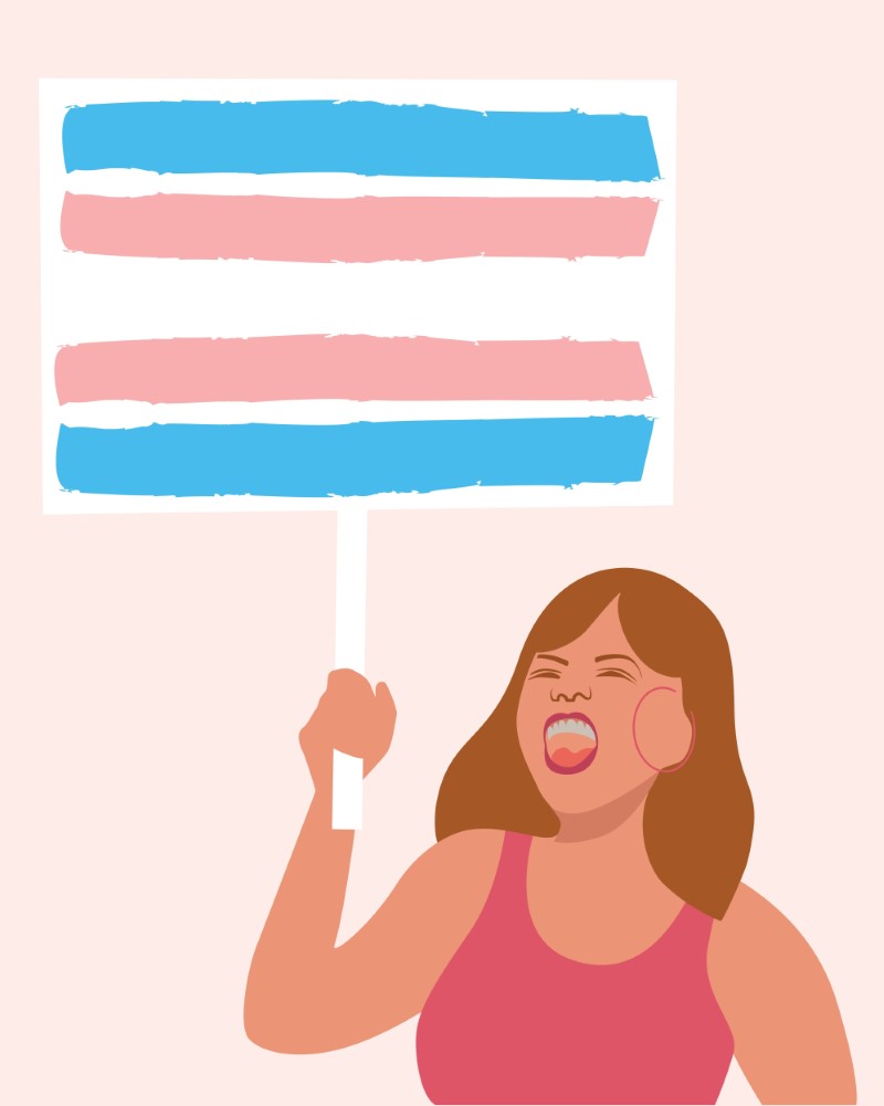 Illustration einer weiblichen Person, die für Trans-Rechte protestiert