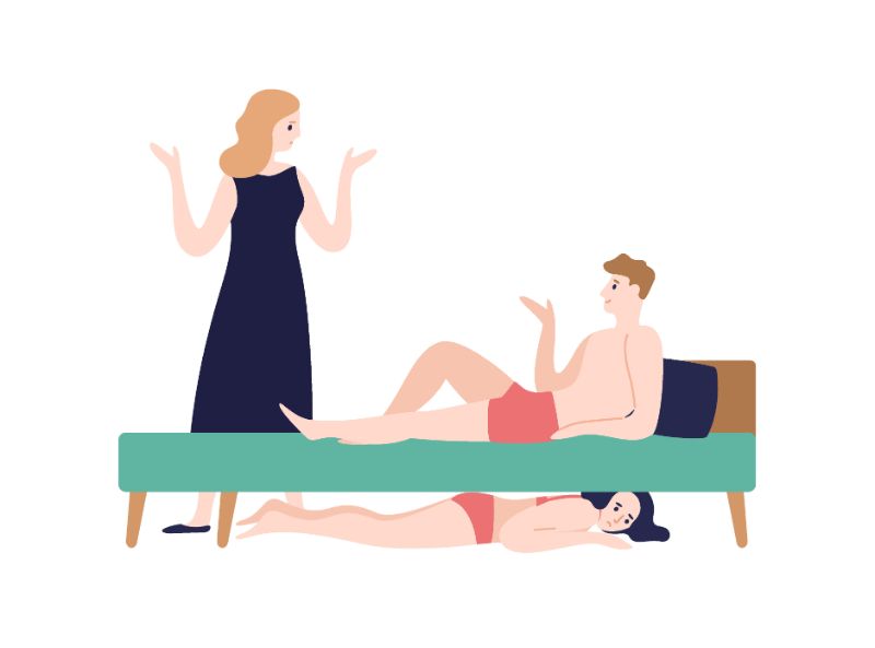 Vektorgrafik eines Mannes, der im Bett liegt und mit seiner Partnerin spricht, während eine Frau in Unterwäsche unter dem Bett versteckt ist