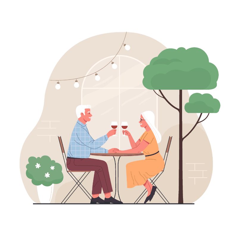 Vektorgrafik von zwei Senioren bei einem Date, die Wein trinken