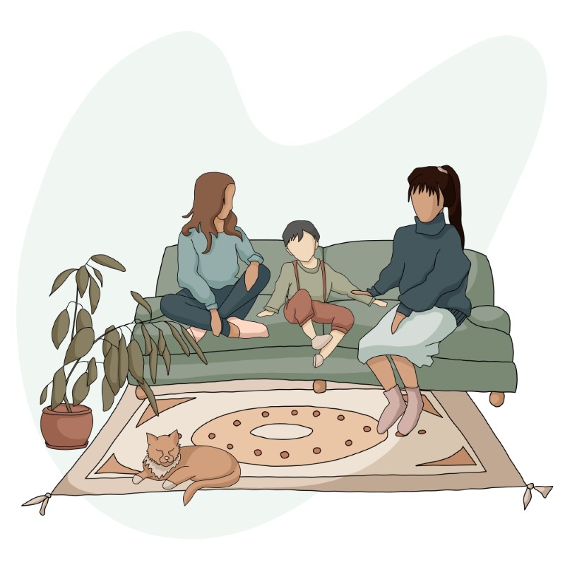 Vektorgrafik von zwei Müttern und ihrem Kind, die auf einem Sofa sitzen, während ihre Katze auf dem Teppich liegt