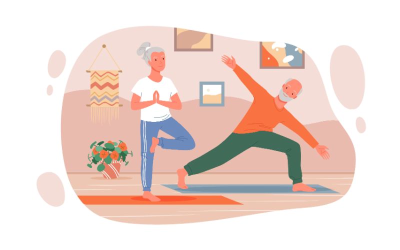 Vektorgrafik von zwei Senioren, die zusammen Yoga machen