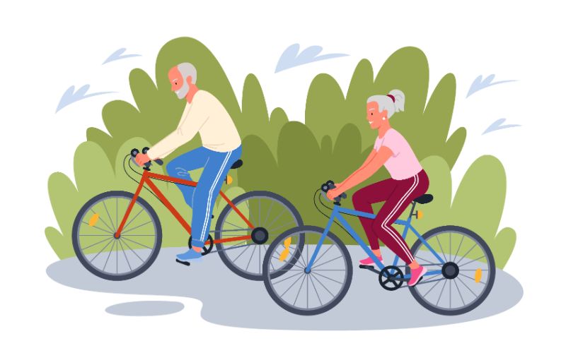 Vektorgrafik von zwei Senioren, die zusammen Fahrrad fahren