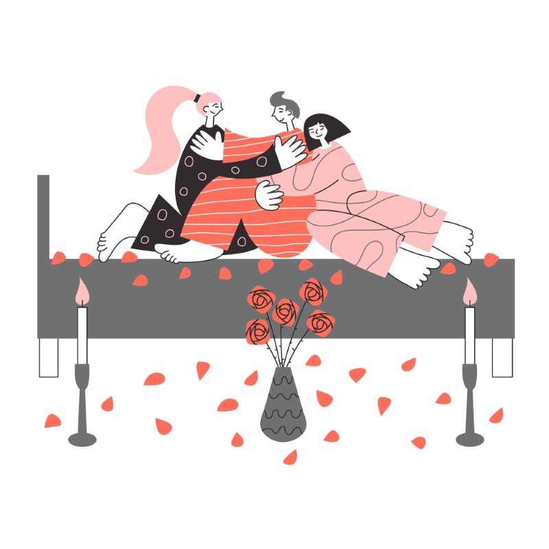Vektorgrafik von zwei Frauen und einem Mann die kuschelnd im Bett liegen