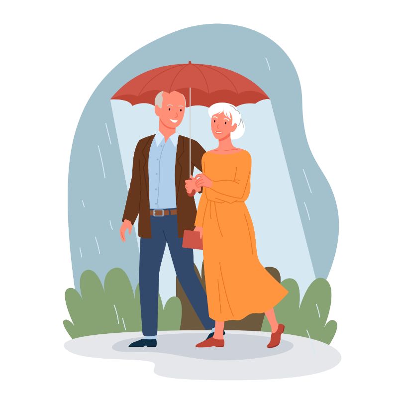 Vektorgrafik von zwei Senioren, die im Regen unter einem Regenschirm spazieren gehen