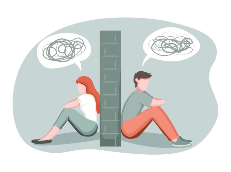 Vektorgrafik eines Mannes und einer Frau, die auf verschiedenen Seiten einer Wand sitzen und Unsinn reden