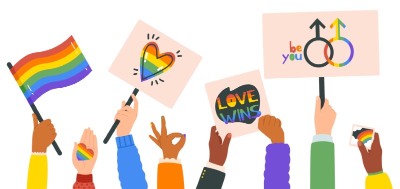 Vektorgrafik von Händen, die LGBTQ-Pride-Zeichen hochhalten