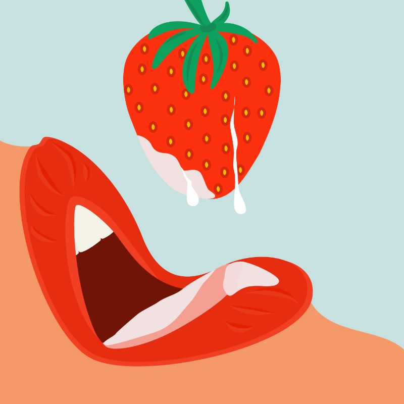 Illustration einer Frau, die verführerisch eine Erdbeere isst