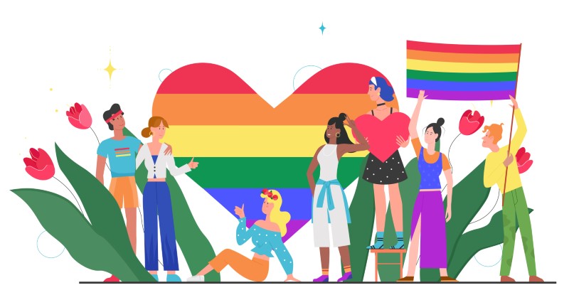 Illustration von LGBTQ+ Menschen vor einem großen Regenbogenherz