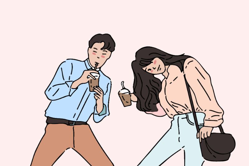 Vektorgrafik eines asiatischen Mannes und einer Frau mit To-Go-Getränken