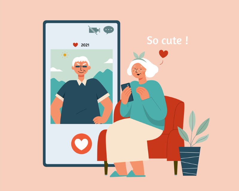 Vektorgrafik einer älteren Frau, die das Dating-Profil eines Mannes süß findet