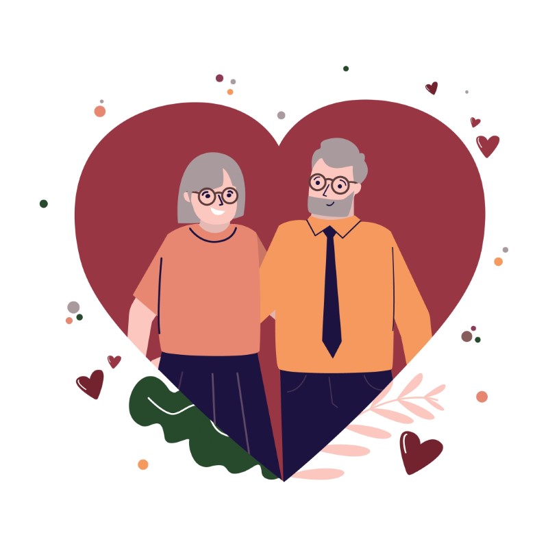 Illustration eines grauhaarigen Paares in einem Herz