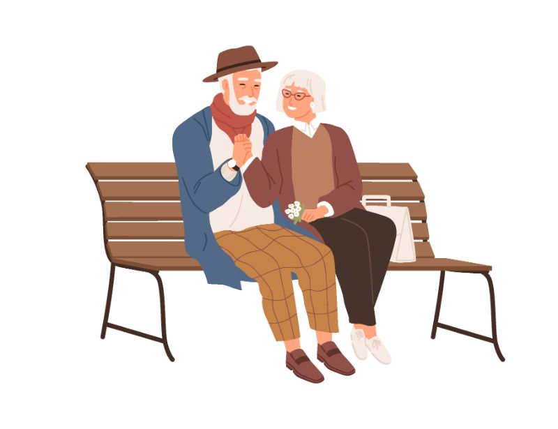 Illustration eines älteren Paares, das auf einer Bank sitzt und sich an den Händen hält